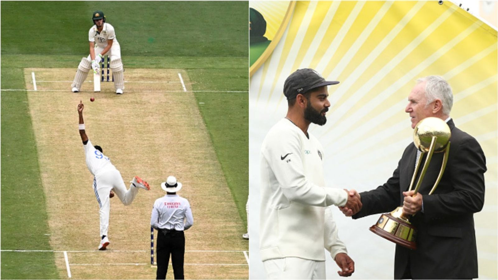 'Constantly trying to play this bloody ramp shot': Australia's legendary captain unsure whether Sam Konstas knows how to play a cover drive Sam Konstas plays the ramp shot against Jasprit Bumrah; Allan Border hands over the trophy to Virat Kohli.