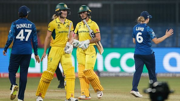 Australia's Ashleigh Gardner and Annabel Sutherland after winning the Women's World Cup clash against England