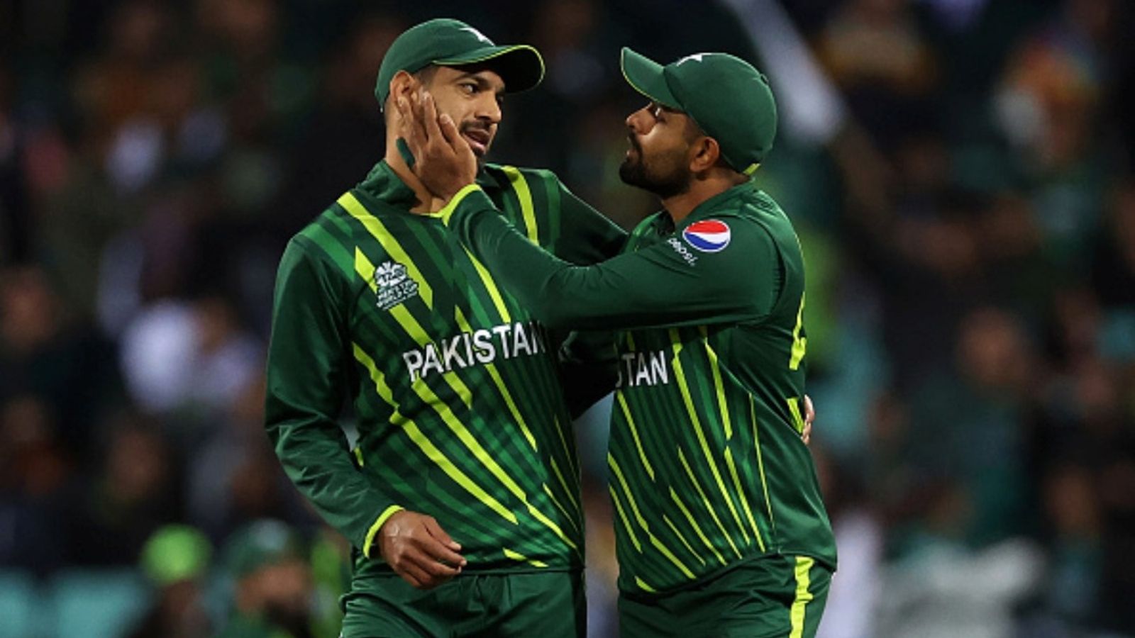 Pakistan recall Babar Azam, Naseem Shah to T20I squad after Asia Cup final defeat, several players including Haris Rauf dropped Babar Azam of Pakistan and Haris Rauf of Pakistan talk during the ICC Men's T20 World Cup match against South Africa at Sydney Cricket Ground on November 03, 2022 in Sydney, Australia.