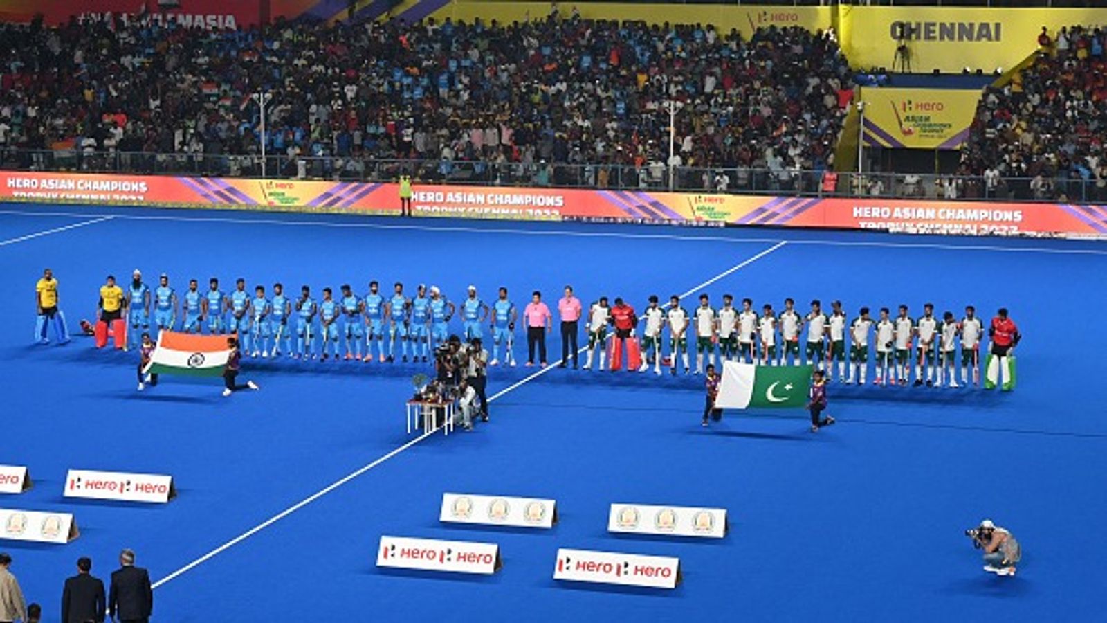 Big News: Pakistan withdraws from Hockey Junior World Cup in India; FIH to announce replacement team soon India and Pakistan players assemble at the beginning of their Asian Champions Trophy 2023 hockey tournament match between India and Pakistan at the Mayor Radhakrishnan Hockey Stadium in Chennai