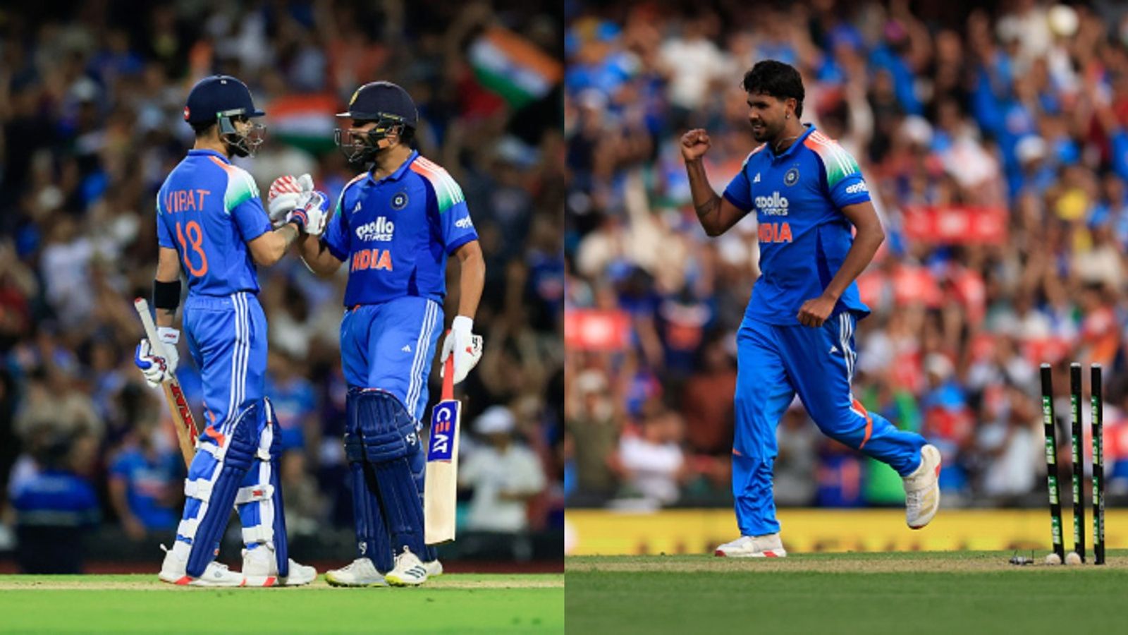 IND vs AUS: Rohit's ton, Virat's fifty, Harshit's 4-fer hand India crushing 9-wicket over Australia in 3rd ODI to avoid series sweep India's Virat Kohli (L), Rohit Sharma (C) and Harshit Rana in this frame