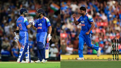 IND vs AUS: Rohit's ton, Virat's fifty, Harshit's 4-fer hand India crushing 9-wicket over Australia in 3rd ODI to avoid series sweep India's Virat Kohli (L), Rohit Sharma (C) and Harshit Rana in this frame