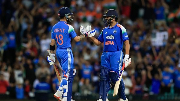Virat Kohli of India and Rohit Sharma of India celebrate victory during game three of the One Day International series between Australia and India