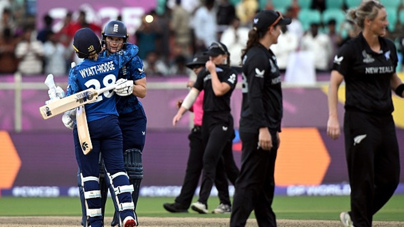 Women's World Cup: Jones' 86, Smith's 3-fer steer England to resounding 8-wicket win over ousted New Zealand in semis dress rehearsal England's Amy Jones and Danni Wyatt-Hodge of embrace after defeating New Zealand by 8 wickets in their Women's World Cup match
