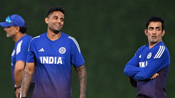 Suryakumar Yadav (L) and head coach Gautam Gambhir attend a practice session at the International Cricket Council (ICC) Academy in Dubai on September 9, 2025, on the eve of their Asia Cup 2025