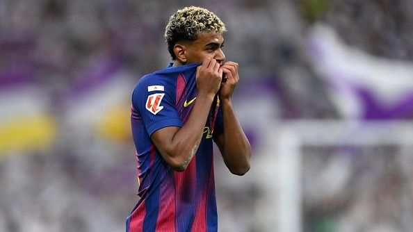Lamine Yamal of FC Barcelona reacts during the LaLiga EA Sports match between Real Madrid CF and FC Barcelona at Estadio Santiago Bernabeu on October 26, 2025 in Madrid, Spain.