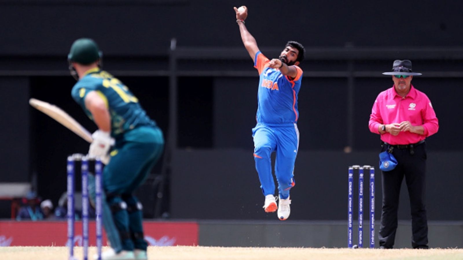 Jasprit Bumrah needs 3 more wickets to break all-time T20I record against Australia held by Pakistan spinner Jasprit Bumrah of India bowls during the ICC Men's T20 Cricket World Cup 2024 Super Eight match against Australia at Daren Sammy National Cricket Stadium on June 24, 2024 in Gros Islet, Saint Lucia.