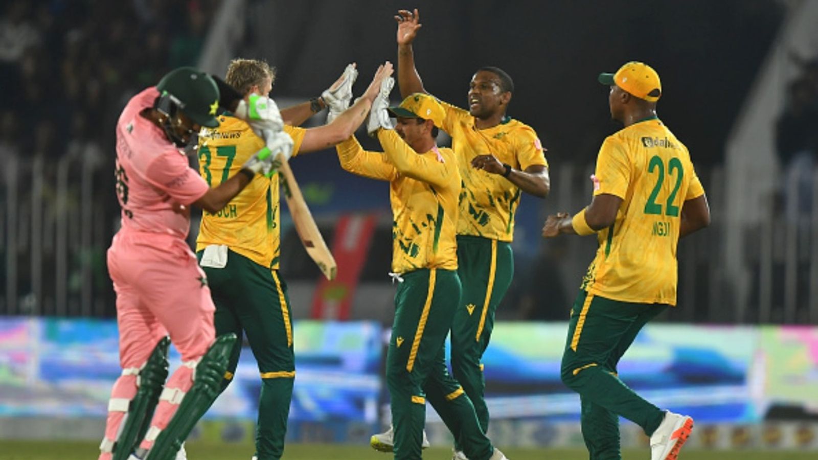 Babar Azam falls for duck on T20I comeback, PSL-banned pacer takes historic 4-fer as South Africa outclass Pakistan with 55-run win Team South Africa celebrates wicket of Babar Azam during game one of the T20I series at Rawalpindi Cricket Stadium on October 28, 2025 in Rawalpindi, Pakistan.