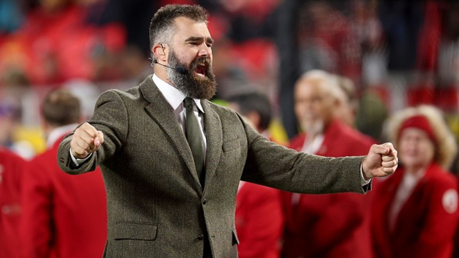 Jason Kelce reacts as Brian Burns calm angry Thibodeaux after disputed tush push play Jason Kelce in the frame.