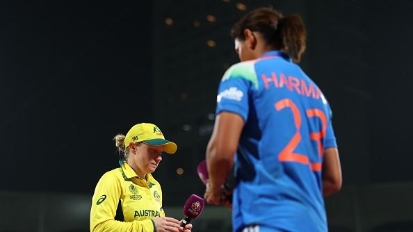 lyssa Healy of Australia walks off after being dismissed past Harmanpreet Kaur of India after being interviewed following defeat in the ICC Women's Cricket World Cup India 2025 Semi-Final match between India and Australia lyssa Healy of Australia walks off after being dismissed past Harmanpreet Kaur of India after being interviewed following defeat in the ICC Women's Cricket World Cup India 2025 Semi-Final match between India and Australia