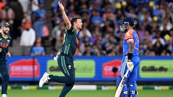 Australia's Josh Hazlewood (C) celebrates after dismissing India's Suryakumar Yadav in this frame Australia's Josh Hazlewood (C) celebrates after dismissing India's Suryakumar Yadav in this frame