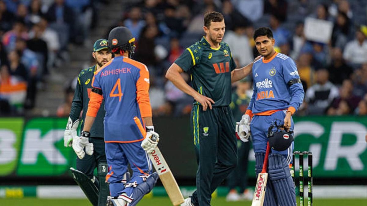 Josh Hazlewood of Australia checks on Shubman Gill (vc) of India during the 2nd match of the BKT Tyres Men's T20I Series between Australia and India at Melbourne Cricket Ground Josh Hazlewood of Australia checks on Shubman Gill (vc) of India during the 2nd match of the BKT Tyres Men's T20I Series between Australia and India at Melbourne Cricket Ground
