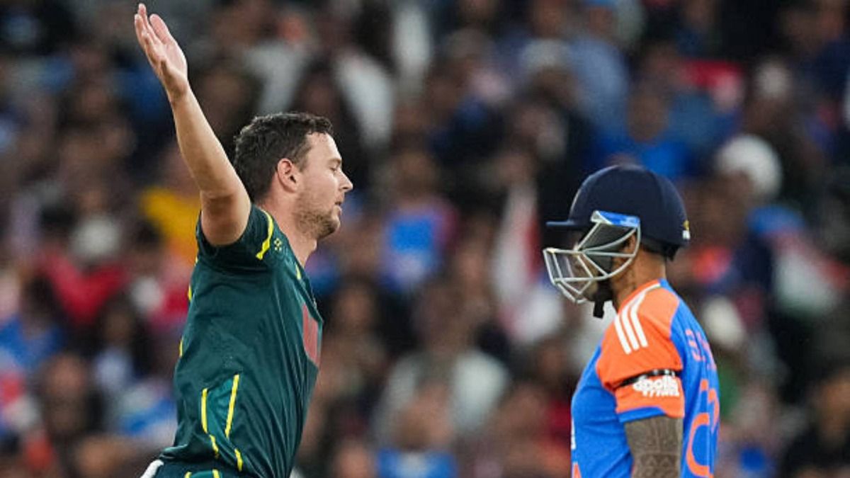Josh Hazlewood of Australia celebrates after getting the wicket of Suryakumar Yadav of Indiaduring game two of the T20 International series between Australia and India
