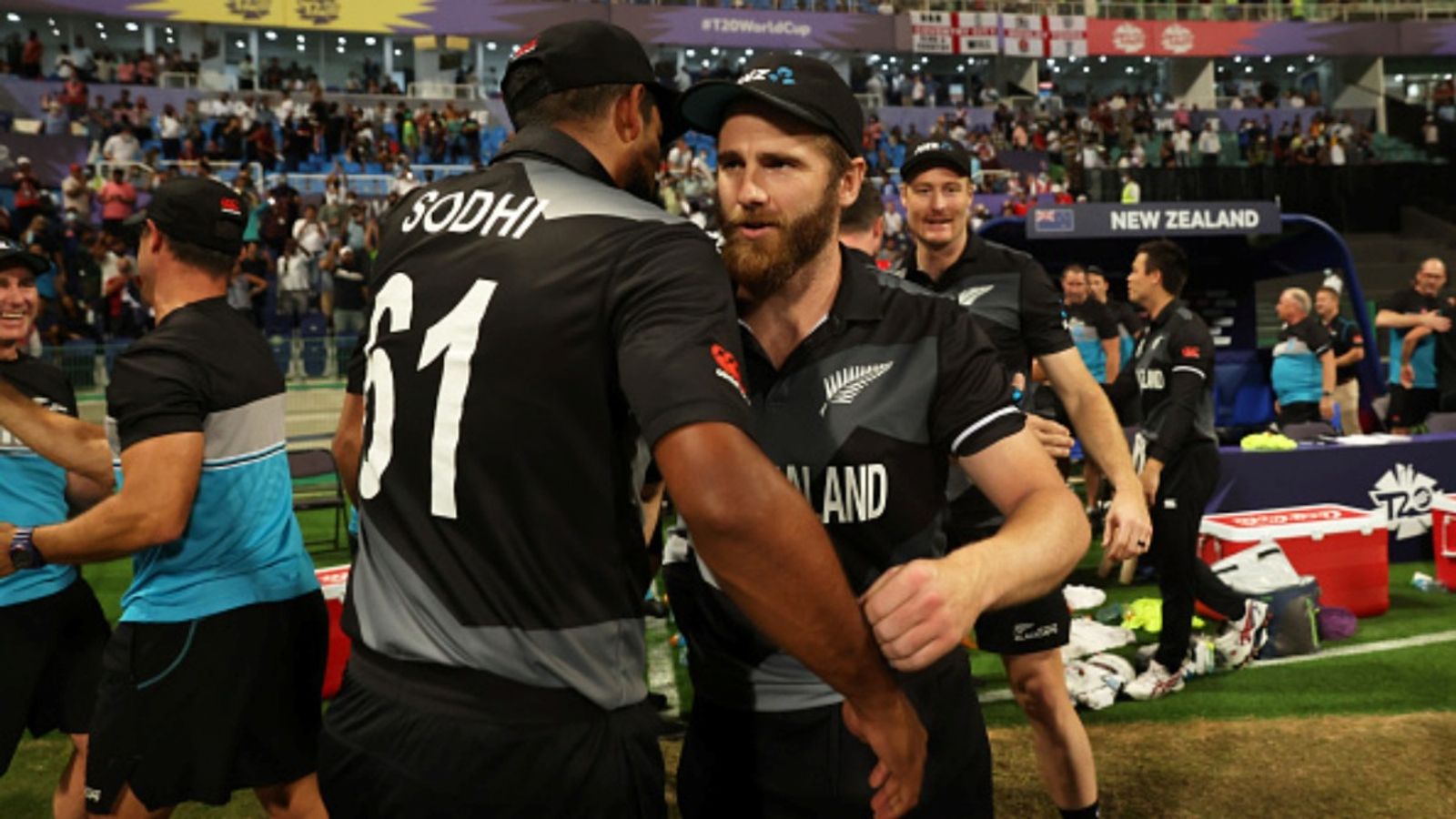 After Kane Williamson's retirement, New Zealand announce squad for T20I series vs West Indies, 2 star players make comeback Kane Williamson and Ish Sodhi of New Zealand celebrate following the ICC Men's T20 World Cup semi-final match against England at Sheikh Zayed stadium on November 10, 2021 in Abu Dhabi, United Arab Emirates.