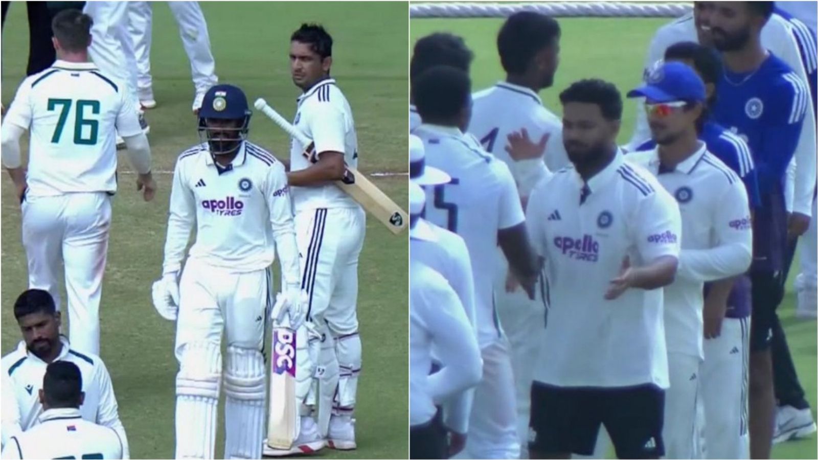 Rishabh Pant's 90, pace-bowling all-rounder's unbeaten 37 leads India A to 3-wicket win over South Africa A in series opener Anshul Kamboj, Manav Suthar after completing the run chase against South Africa A; Rishabh Pant and Ishan Kishan shake hands with oppposition players after the game.