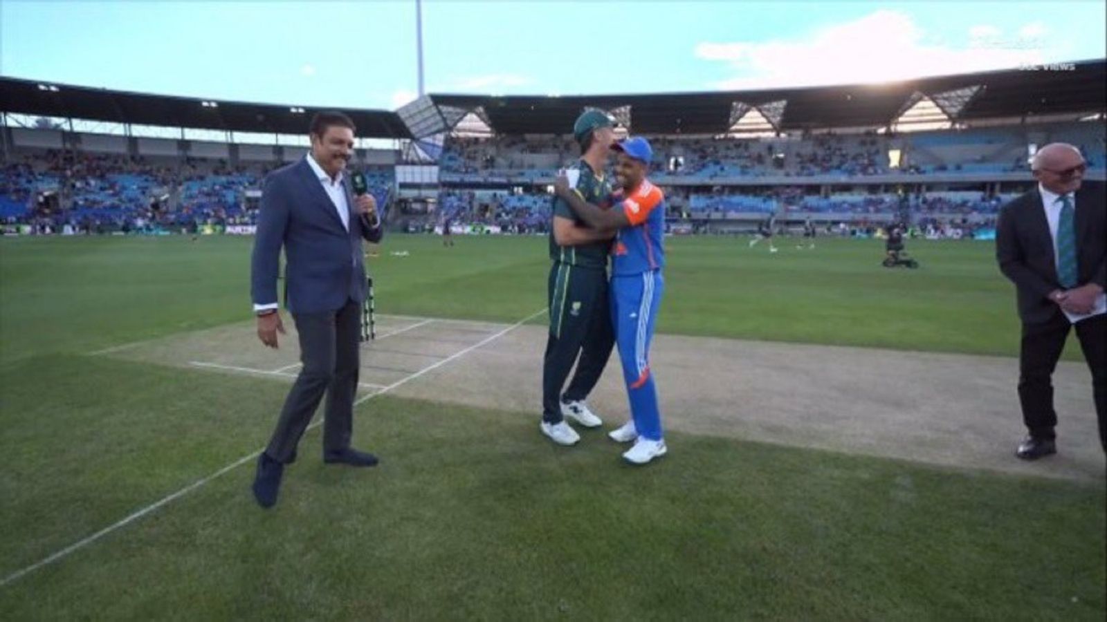 Suryakumar Yadav celebrates winning 1st toss on Australia tour, gets hug from Mitchell Marsh; watch viral video India and Australia T20I captains Suryakumar Yadav and Mitchell Marsh share a hug as presenter Ravi Shastri smiles.