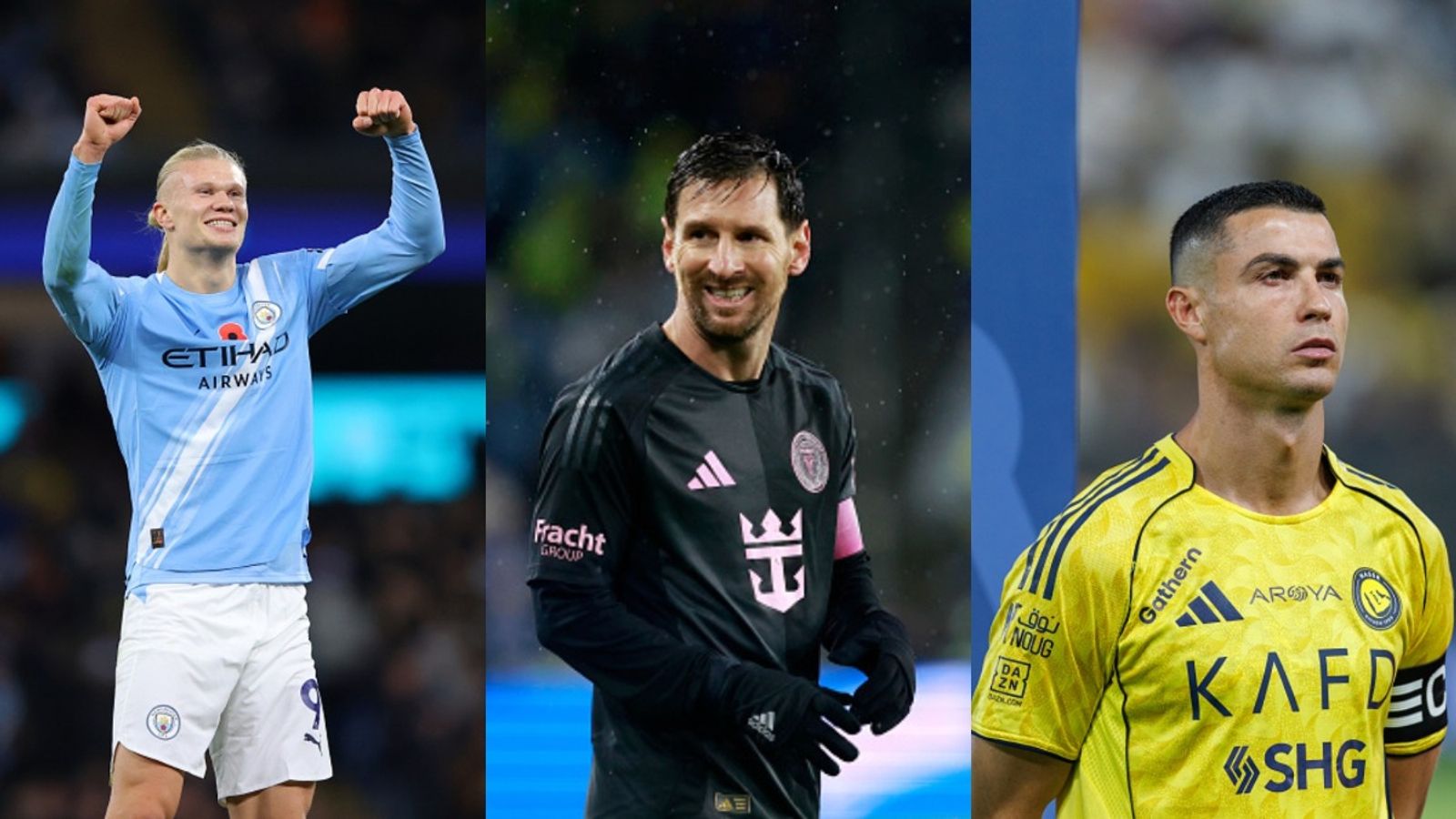 Erling Haaland earns legendary comparison: "Like playing with Messi or Ronaldo” Erling Haaland, Lionel Messi, and Cristiano Ronaldo in the frame (Images: All via Getty)