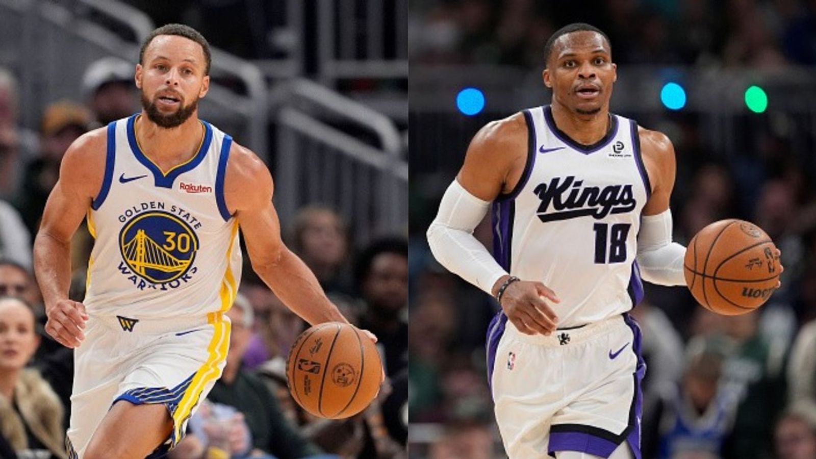 Warriors vs Kings schedule: Date, time, live stream, and more on the NBA 2025-26 season Stephen Curry, Russell Westbrook in the frame (Images via Getty)