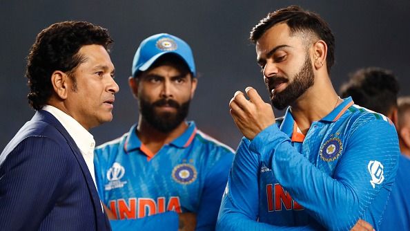 Sachin Tendulkar speaks with Virat Kohli of India after the ICC Men's Cricket World Cup India 2023 Final between India and Australia at Narendra Modi Stadium Sachin Tendulkar speaks with Virat Kohli of India after the ICC Men's Cricket World Cup India 2023 Final between India and Australia at Narendra Modi Stadium