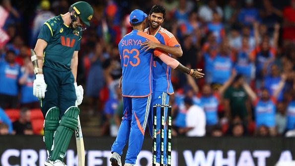  Washington Sundar of India celebrates after dismissing Marcus Stoinis of Australia during game four of the T20 International Series between Australia and India