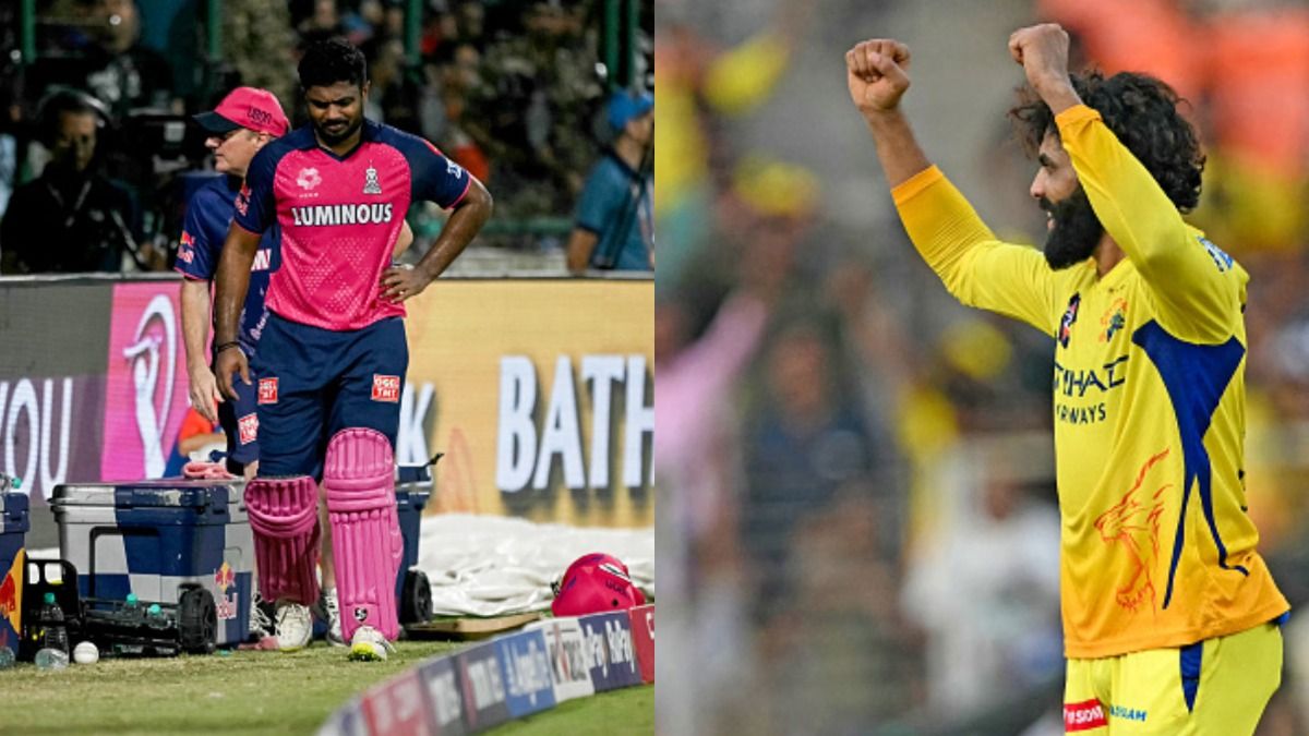 RR's Sanju Samson (L) and CSK's Ravindra Jadeja in frame
