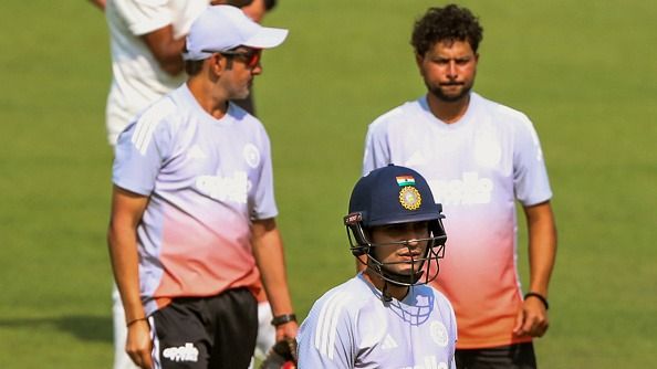 Shubman Gill, head coach Gautam Gambhir, and Kuldeep Yadav participate in a practice session ahead of the first test match between India and South Africa