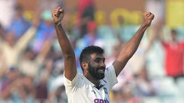 India's Jasprit Bumrah celebrates after taking five-wicket haul during the first day of the first Test cricket match between India and South Africa at the Eden Gardens