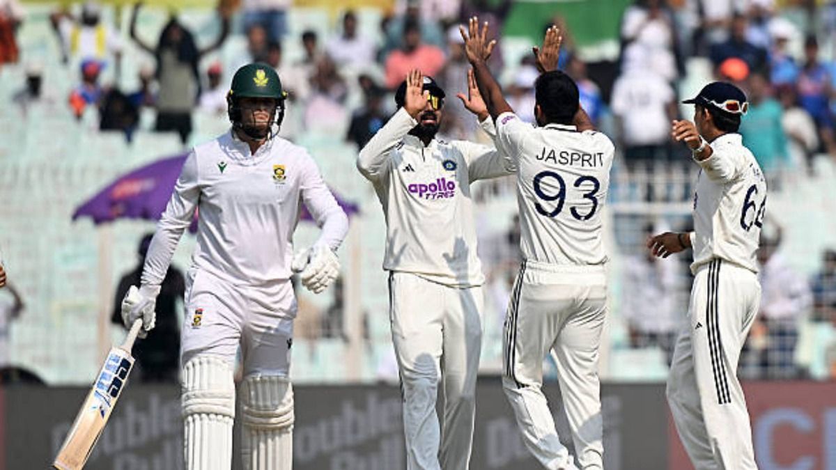Jasprit Bumrah (2R) of India celebrates the wicket of Ryan Rickelton of South Africa with teammates during the First Test match in the series between India and South Africa at Eden Gardens Jasprit Bumrah (2R) of India celebrates the wicket of Ryan Rickelton of South Africa with teammates during the First Test match in the series between India and South Africa at Eden Gardens