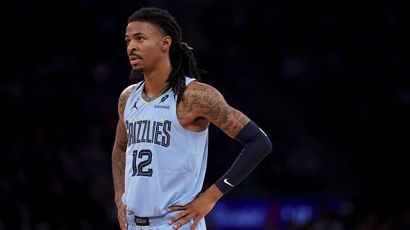 Ja Morant #12 of the Memphis Grizzlies reacts in the first half against the New York Knicks at Madison Square Garden on November 11, 2025 in New York City.