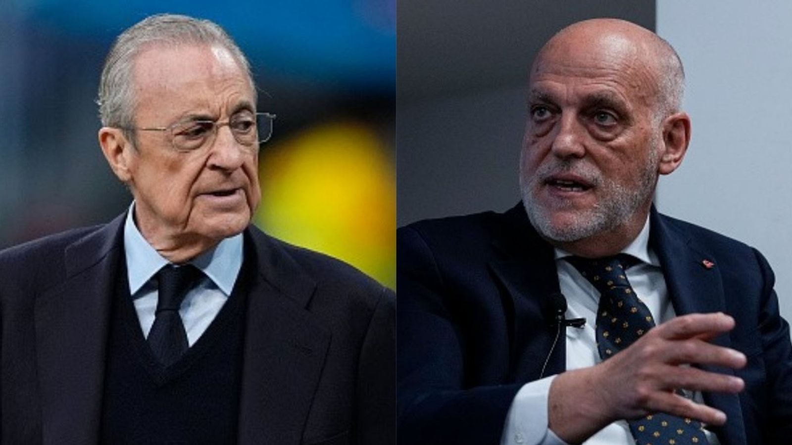 La Liga president takes shots at Real Madrid over Dolphins vs Commanders NFL game in Bernabeu Florentino Perez, Javier Tebas in the frame (Images via Getty)
