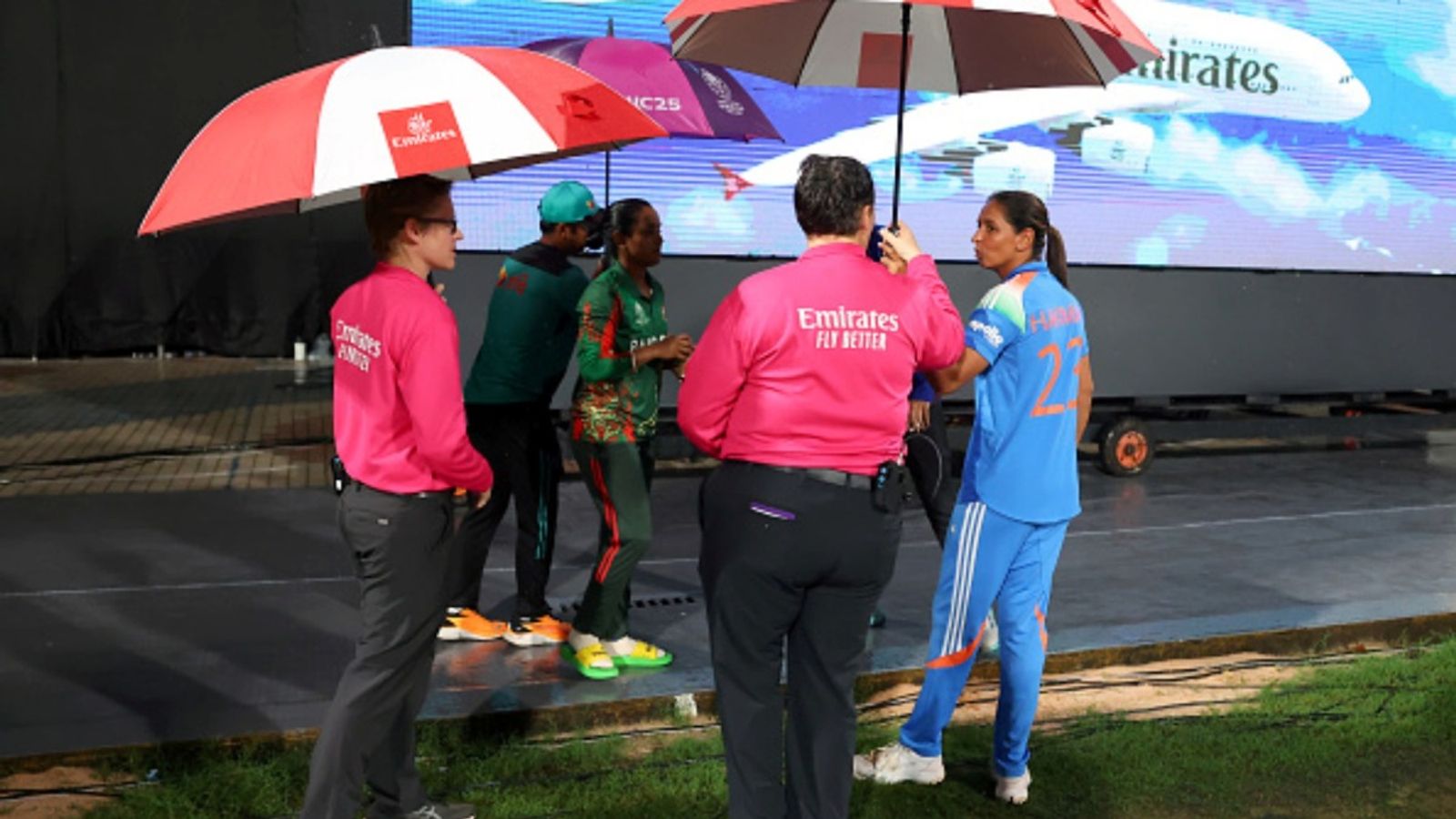 'Why would I hit anyone? Am I Harmanpreet?': Bangladesh captain Nigar Sultana Joty drags World Cup winner's name responding to physical assault allegations Umpires speak with captains Harmanpreet Kaur of India and Nigar Sultana Joty of Bangladesh after the match was abandoned because of rain during the ICC Women's Cricket World Cup India 2025 at DY Patil Stadium on October 26, 2025 in Navi Mumbai, India.