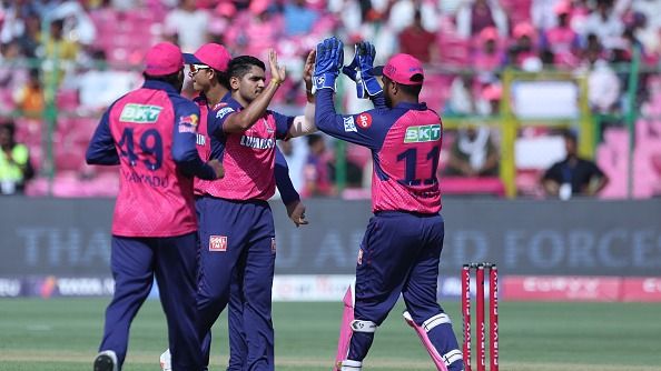 Tushar Deshpande of Rajasthan Royals celebrates the wicket of Priyansh Arya of Punjab Kings during the 2025 IPL match between Rajasthan Royals and Punjab Kings 