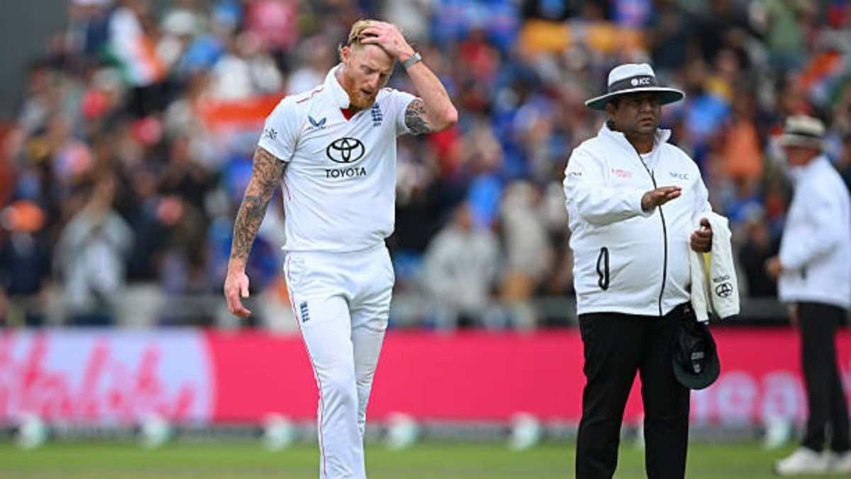 Ben Stokes of England rreacts as umpire Ahsan Raza signals a four during Day Five of the 4th Rothesay Test Match between England and India at Emirates Old Trafford Ben Stokes of England rreacts as umpire Ahsan Raza signals a four during Day Five of the 4th Rothesay Test Match between England and India at Emirates Old Trafford