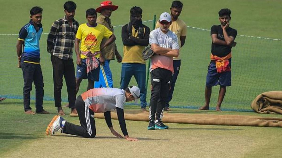 Indian Captain Shubman Gill and Coach Gautam Gambhir check out the pitch on the first day of practice at Eden Gardens cricket ground