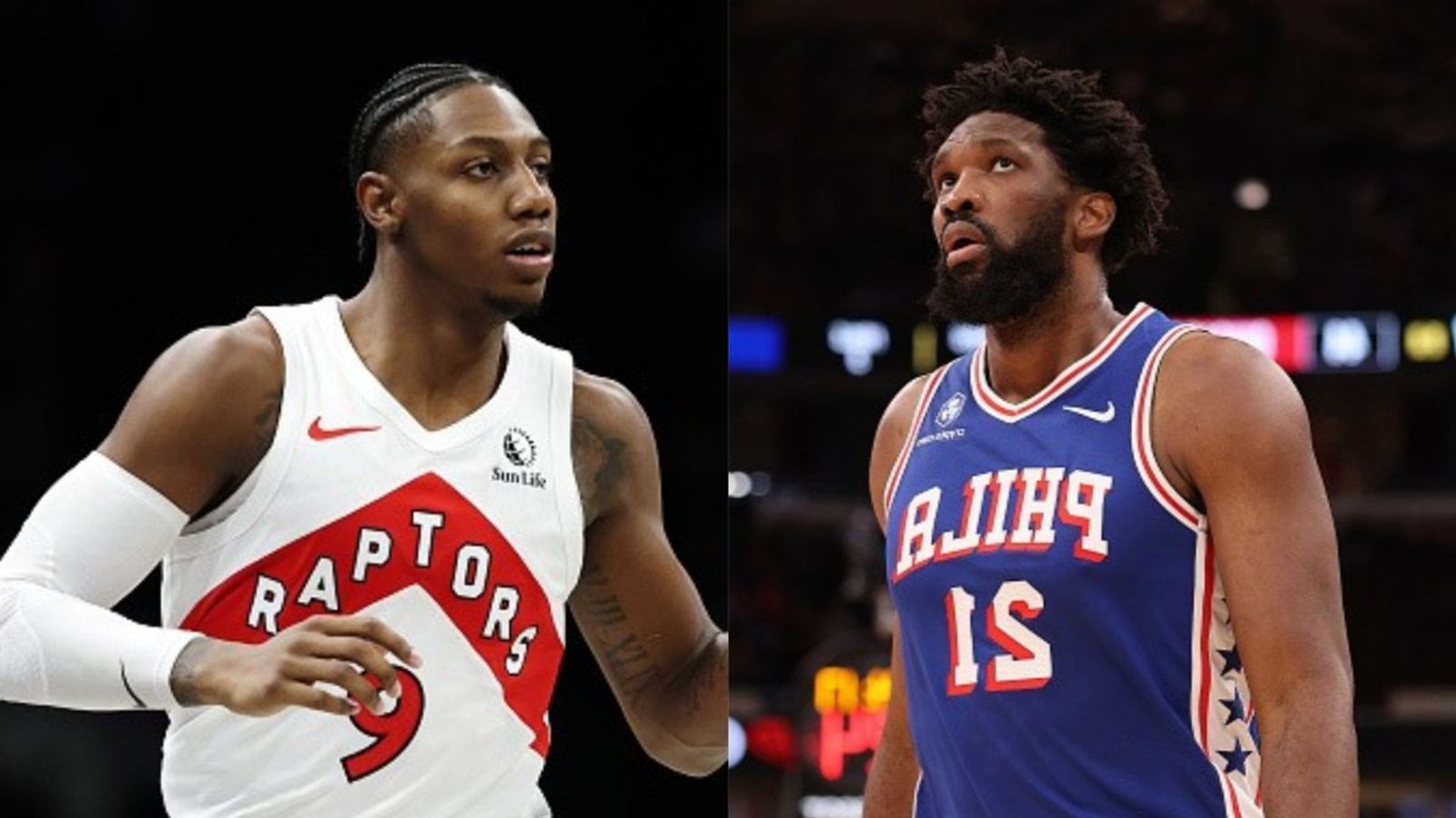 76ers vs Raptors schedule: Date, time, live stream, and more on NBA 2025-26 season RJ Barrett, Joel Embiid in the frame (Images via Getty)