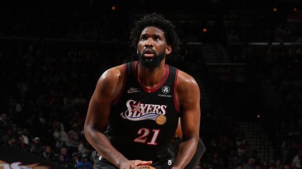 Joel Embiid #21 of the Philadelphia 76ers shoots a free throw during the game against the Toronto Raptors on November  8, 2025 at the Wells Fargo Center in Philadelphia, Pennsylvania