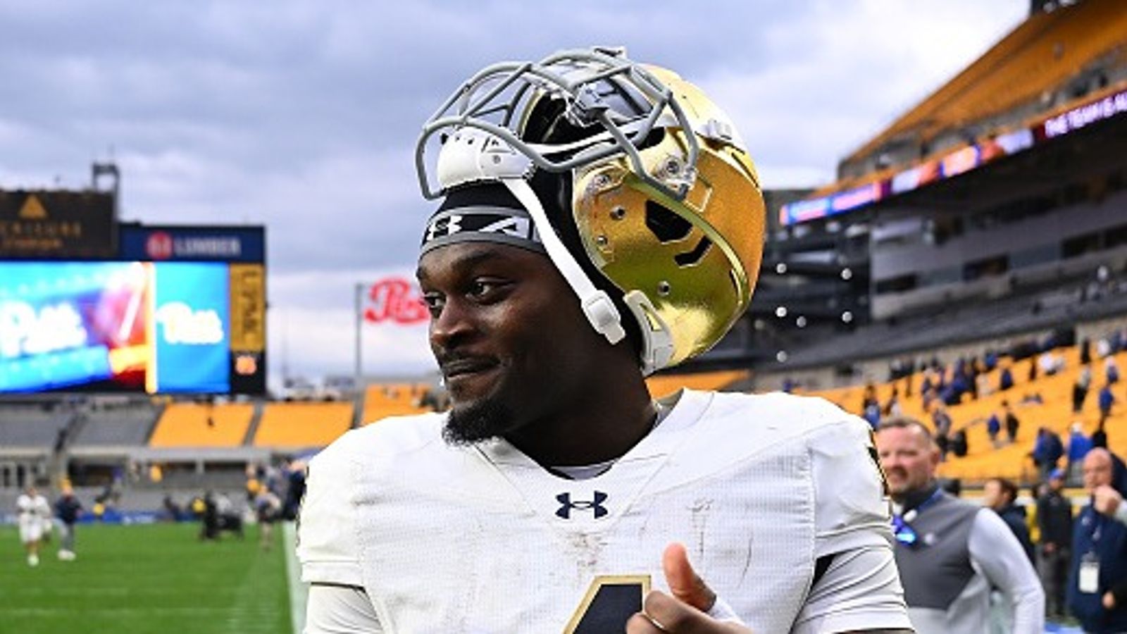 WATCH: Pat McAfee forces Jeremiyah Love on Notre Dame return as star RB hilariously dodges the question Jeremiyah Love in the frame.