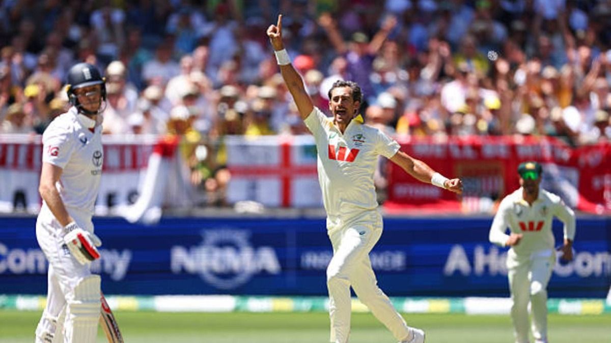 Mitchell Starc of Australia celebrates the wicket of Zak Crawley of England during day one of the First 2025/26 Ashes Series Test Match between Australia and England at Perth Stadium Mitchell Starc of Australia celebrates the wicket of Zak Crawley of England during day one of the First 2025/26 Ashes Series Test Match between Australia and England at Perth Stadium