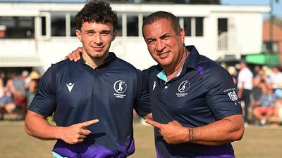 Meet former England captain who turned to cage fighting to survive after going bankrupt with £13 million debt Addison Hollioake (L) and his father Adam Hollioake (R) pose for a photograph before the match between PCA England Legends and Hadleigh & Thundersley