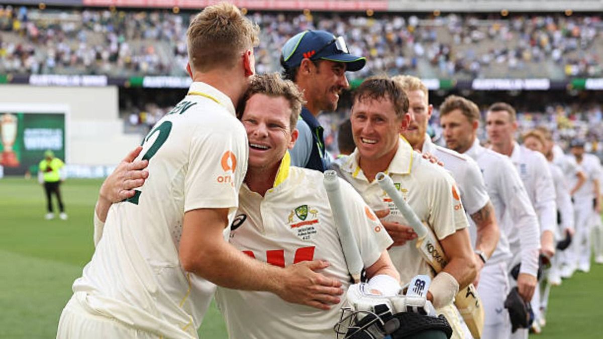 Steve Smith of Australia celebrates with Cameron Green after winning the match on day two of the First 2025/26 Ashes Series Test Match between Australia and England at Perth Stadium