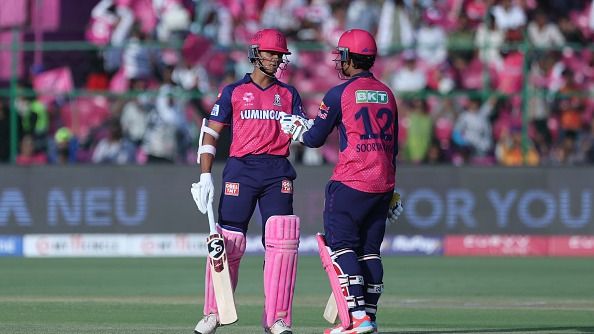Vaibhav Suryavanshi and Yashasvi Jaiswal of Rajasthan Royals during the 2025 IPL match between Rajasthan Royals and Punjab Kings at Sawai Mansingh Stadium on May 18, 2025, in Jaipur, India.