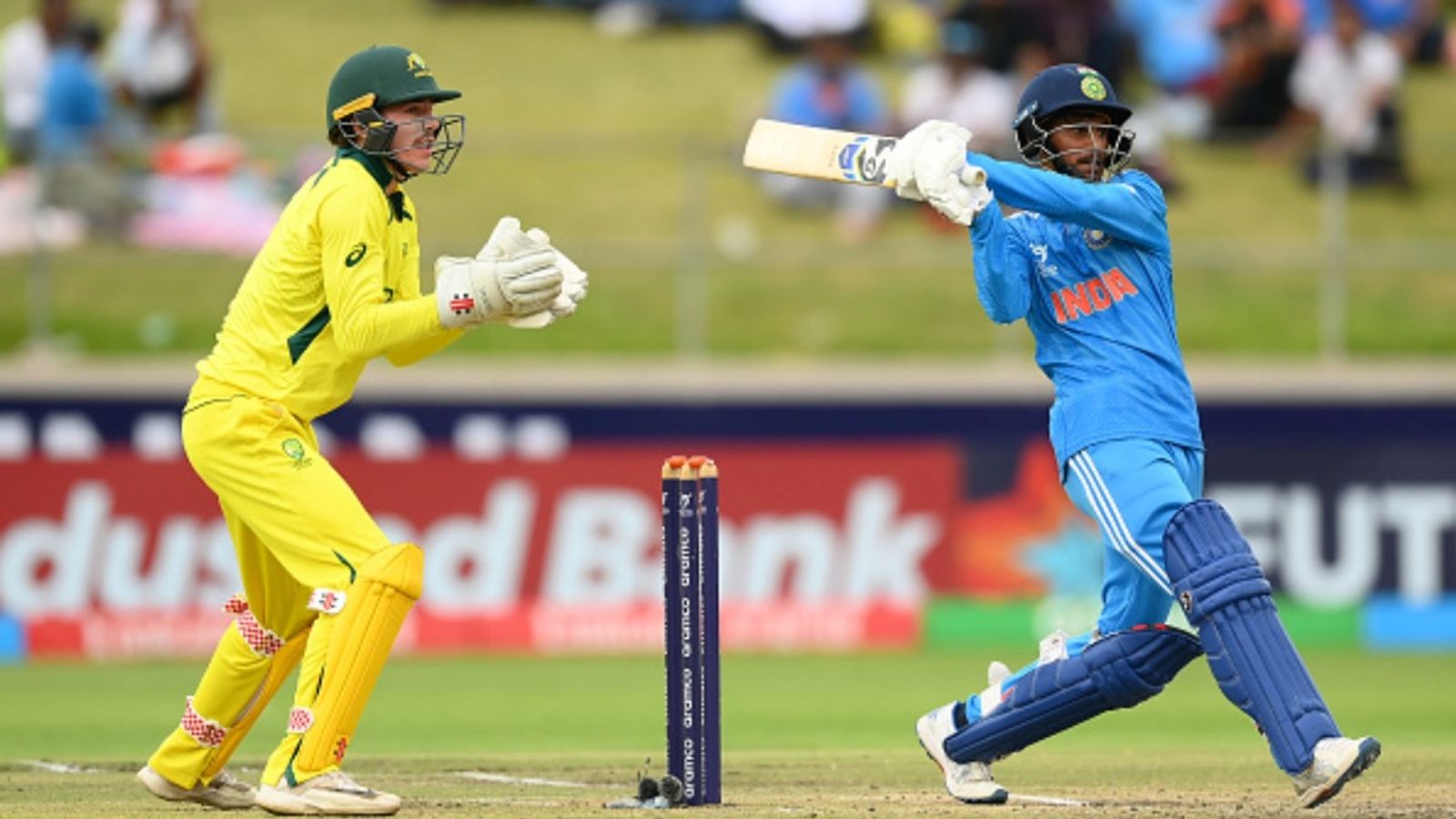 Part of India's Under-19 World Cup 2024 team, Adarsh Singh slams double century from 129 balls in U-23 One-Day knockout clash at Wankhede Stadium Adarsh Singh of India plays a shot during the ICC U19 Men's Cricket World Cup 2024 final against Australia at Willowmoore Park on February 11, 2024 in Benoni, South Africa. (File Photo)