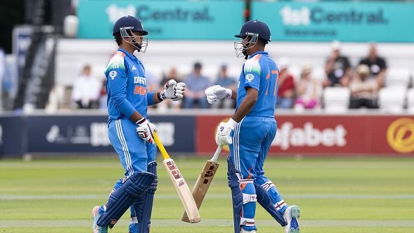 Vaibhav Suryavanshi of India U19 (l) touches gloves with Ayush Mhatre during the England U19 and India U19 Youth One Day Match 