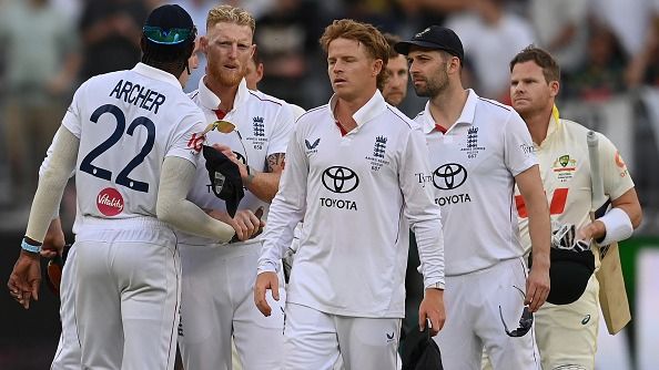 England's Ben Stokes, Ollie Pope and Mark Wood react after Australia won the First 2025/26 Ashes Test England's Ben Stokes, Ollie Pope and Mark Wood react after Australia won the First 2025/26 Ashes Test