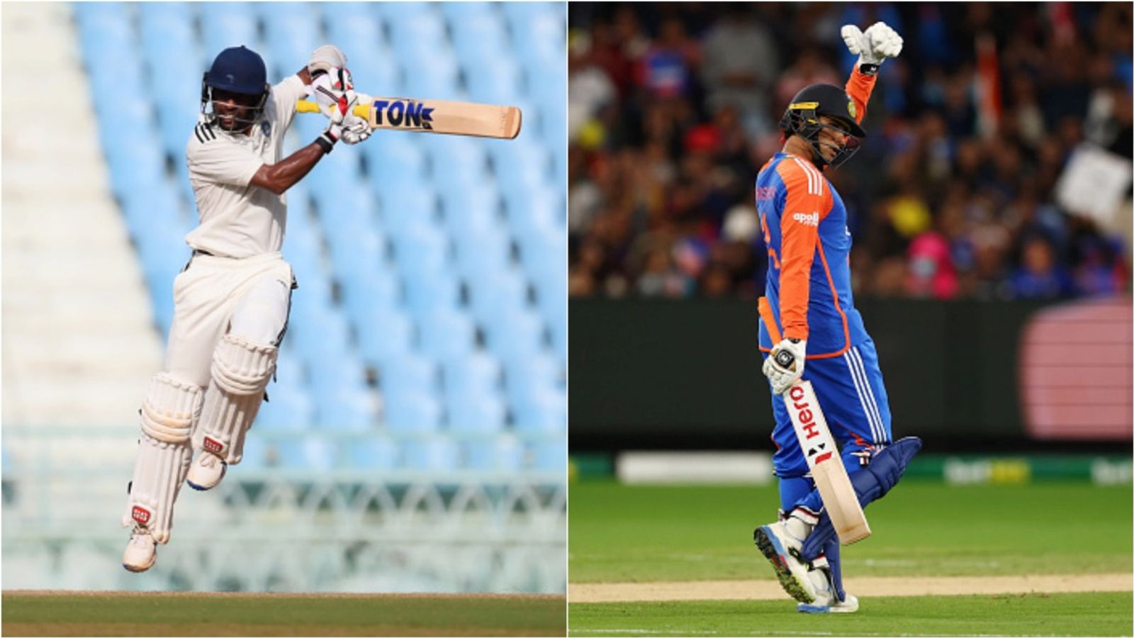 Snubbed Test batter Abhimanyu Easwaran smashes unbeaten 66-ball 130 in reply to Abhishek Sharma's stormy 52-ball 148, sends message to IPL franchises India A's Abhimanyu Easwaran plays a shot; India opener Abhishek Sharma celebrates his fifty.