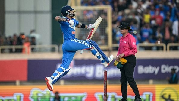 Watch: Animated Virat Kohli unleashes wild celebration after roaring with historic 52nd ODI century in MS Dhoni's den India's batting superstar Virat Kohli in this frame