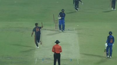 WATCH: Vaibhav Suryavanshi's off stump sent for a walk by Jammu & Kashmir pacer with bowling average of 12.25 in SMAT 2025 Auqib Nabi, Vaibhav Suryavanshi