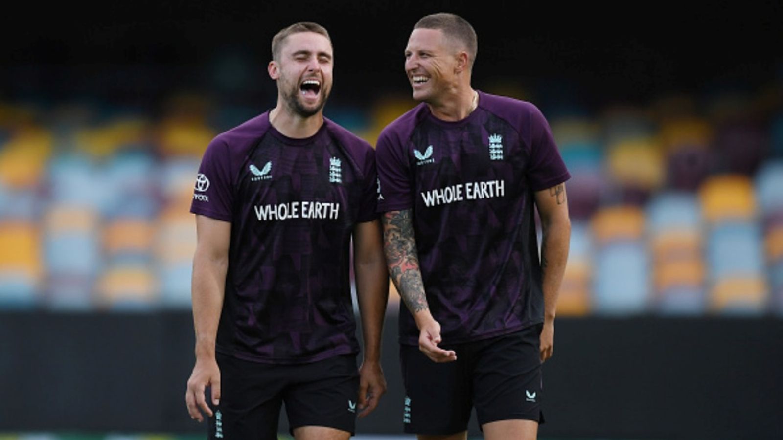 England announce playing XI for pink-ball Test at The Gabba, injured pacer replaced by spin-bowling all-rounder Will Jacks (L) and Brydon Carse laugh during an England nets session at The Gabba on December 01, 2025 in Brisbane, Australia.