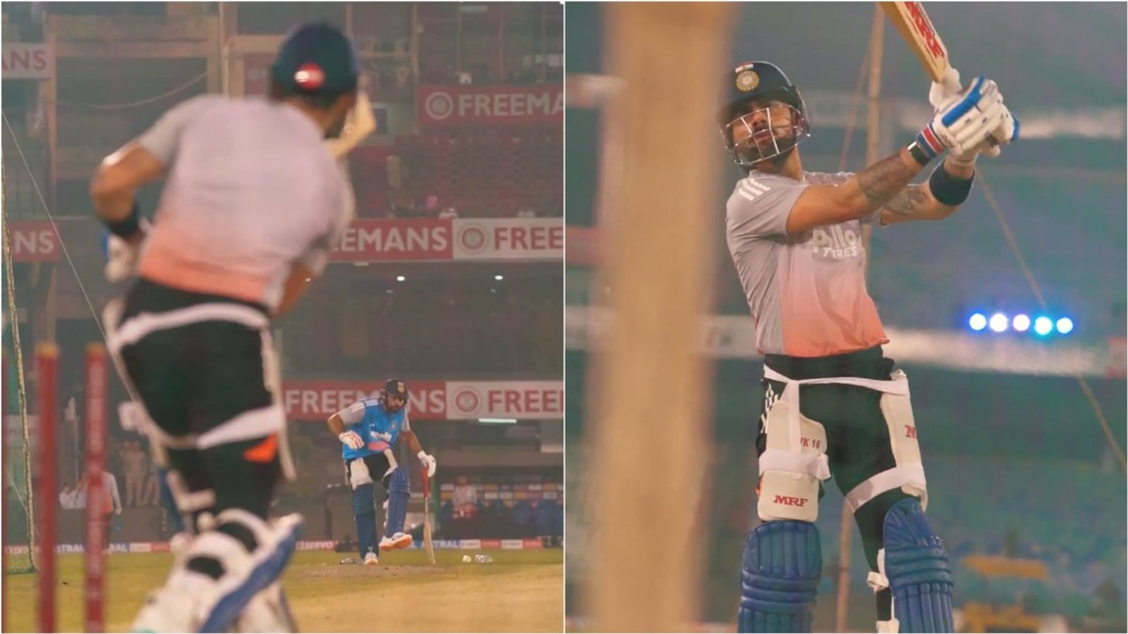Rohit Sharma flinches at non-striker's end as Virat Kohli hits big sixes to enthrall fans in Ranchi ahead of 2nd ODI; video goes viral Rohit Sharma ducks as Virat Kohli hits a six during training session on December 2.