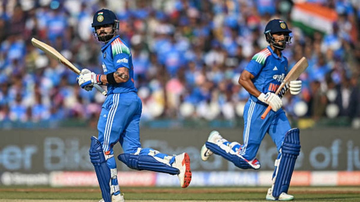 India's Virat Kohli (L) and Ruturaj Gaikwad run between the wickets during the second one-day international (ODI) cricket match between India and South Africa at the Shaheed Veer Narayan Singh International Cricket Stadium in Raipur